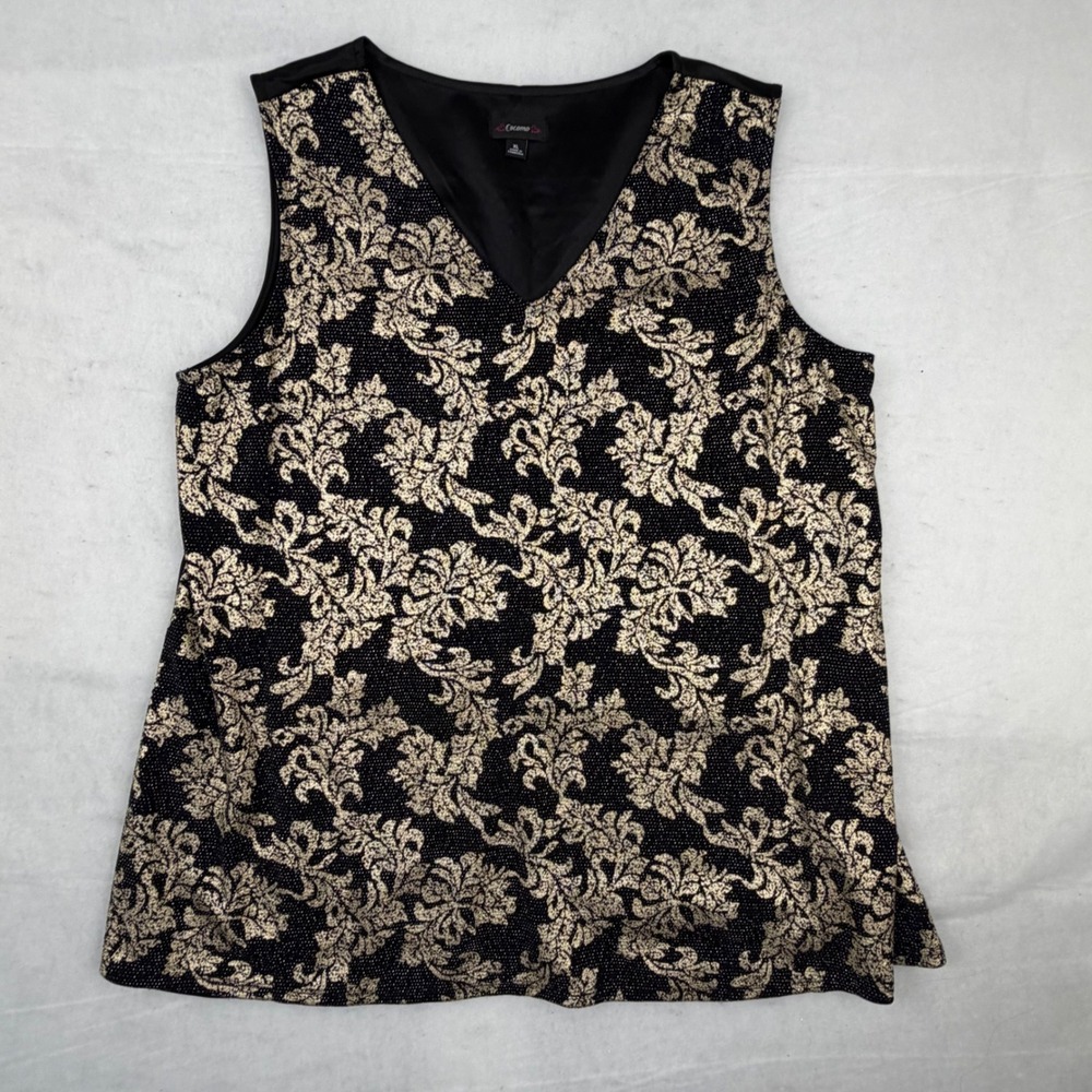 Cocomo Womens XL Black Gold Metallic Damask V-Neck Tank‎ Top Blouse